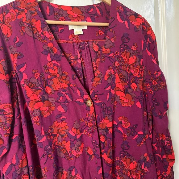 Maeve by Anthropologie Jourdain Runa Floral Blouse SZM Pink Multi Ruched Arm - Picture 4 of 10
